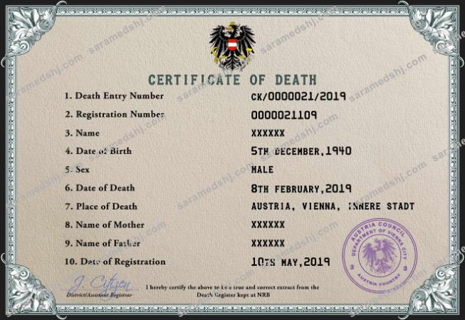 Austria death certificate PSD template,